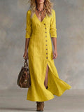 Women's Linen Blend V-Neck Split Hem Maxi Dress