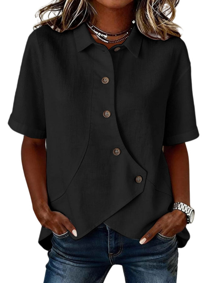 Women's Asymmetrical Short Sleeve Linen Button-Down Shirt