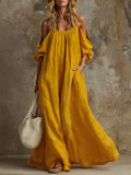Women's Linen Off-Shoulder Maxi Dress Boho Sundress Flare Sleeve