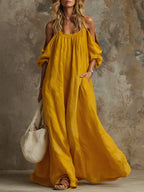 Women's Linen Off-Shoulder Maxi Dress Boho Sundress Flare Sleeve