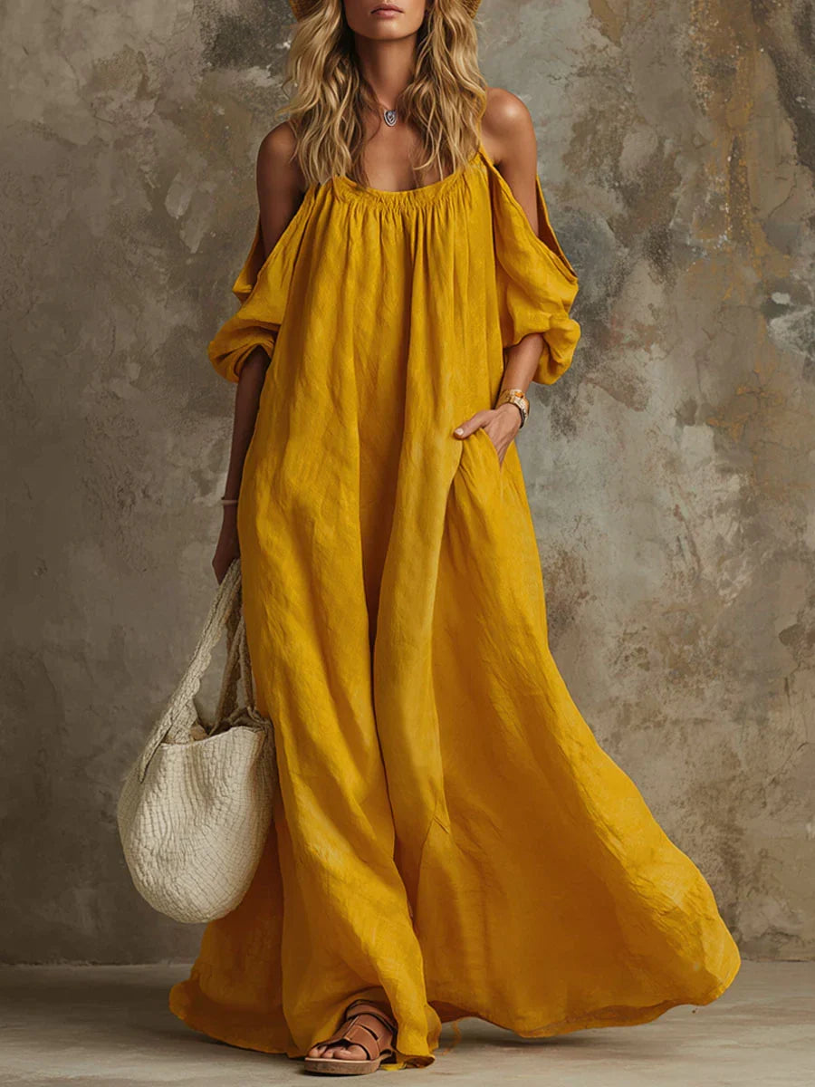 Women's Linen Off-Shoulder Maxi Dress Boho Sundress Flare Sleeve