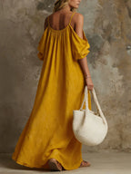 Women's Linen Off-Shoulder Maxi Dress Boho Sundress Flare Sleeve