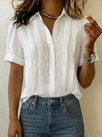 Women's Linen Blouse V Neck Short Sleeve Everyday Shirt