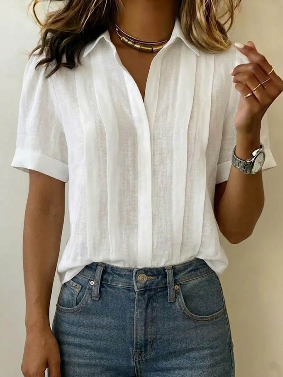Women's Linen Blouse V Neck Short Sleeve Everyday Shirt