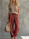 Women's Relaxed Knit Top and Wide Leg Linen Pants Set