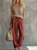 Women's Relaxed Knit Top and Wide Leg Linen Pants Set