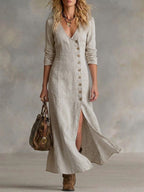 Women's Linen Blend V-Neck Split Hem Maxi Dress