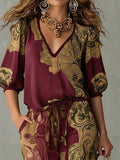 Women's Linen V-Neck Shirt Bohemian Retro Printed Loose Half Sleeve Top and Pants Set