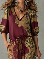 Women's Linen V-Neck Shirt Bohemian Retro Printed Loose Half Sleeve Top and Pants Set