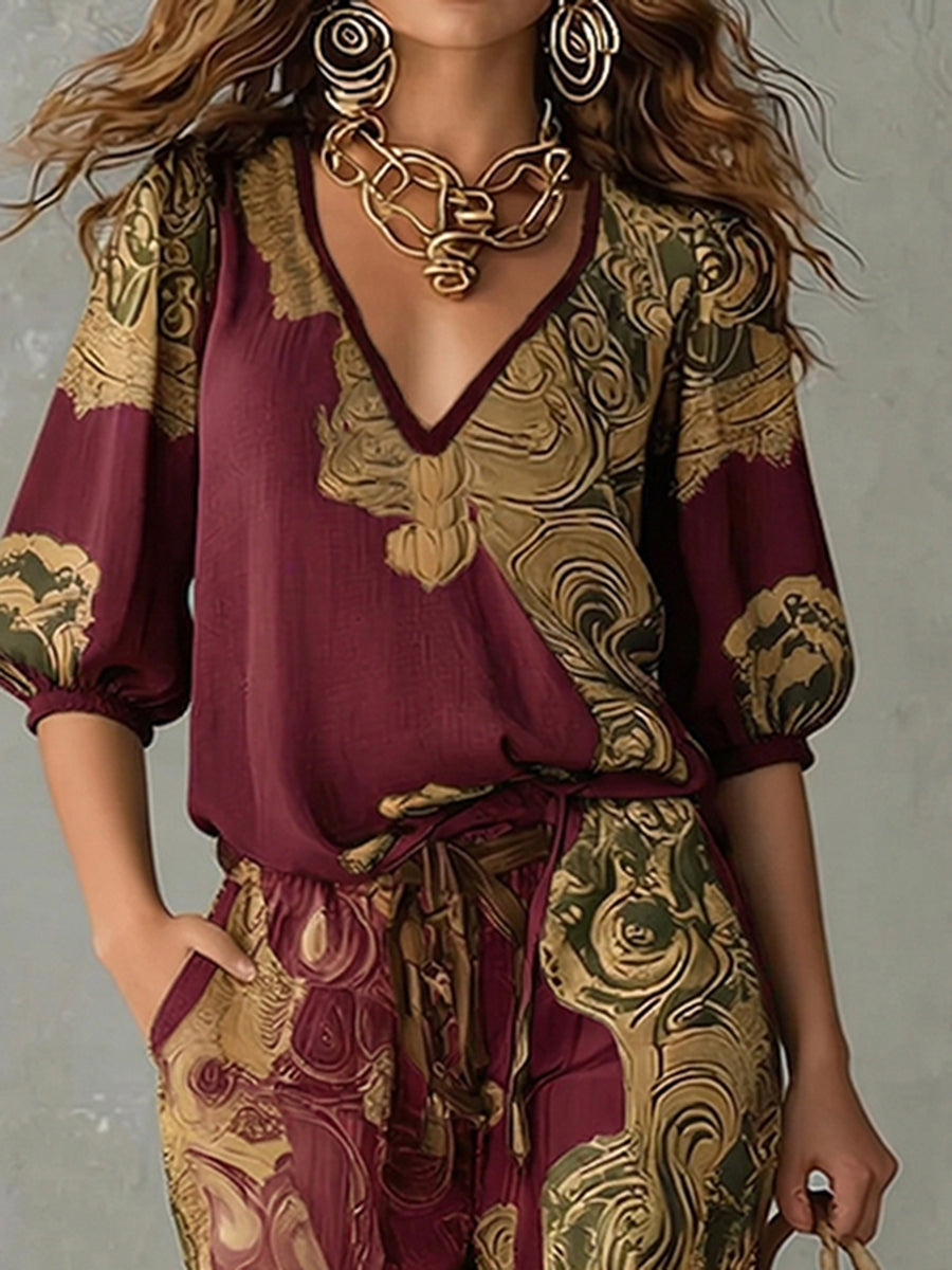Women's Linen V-Neck Shirt Bohemian Retro Printed Loose Half Sleeve Top and Pants Set