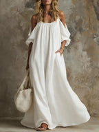 Women's Linen Off-Shoulder Maxi Dress Boho Sundress Flare Sleeve