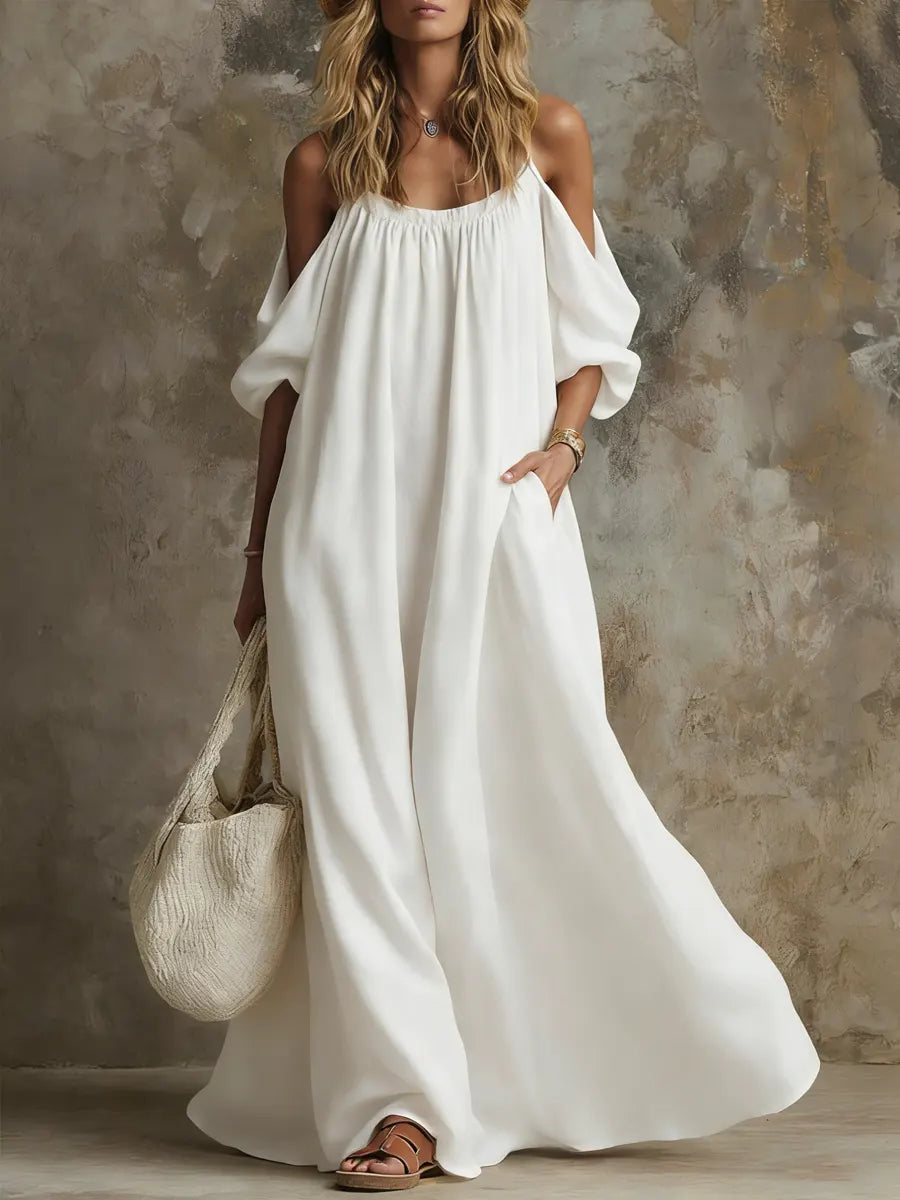 Women's Linen Off-Shoulder Maxi Dress Boho Sundress Flare Sleeve