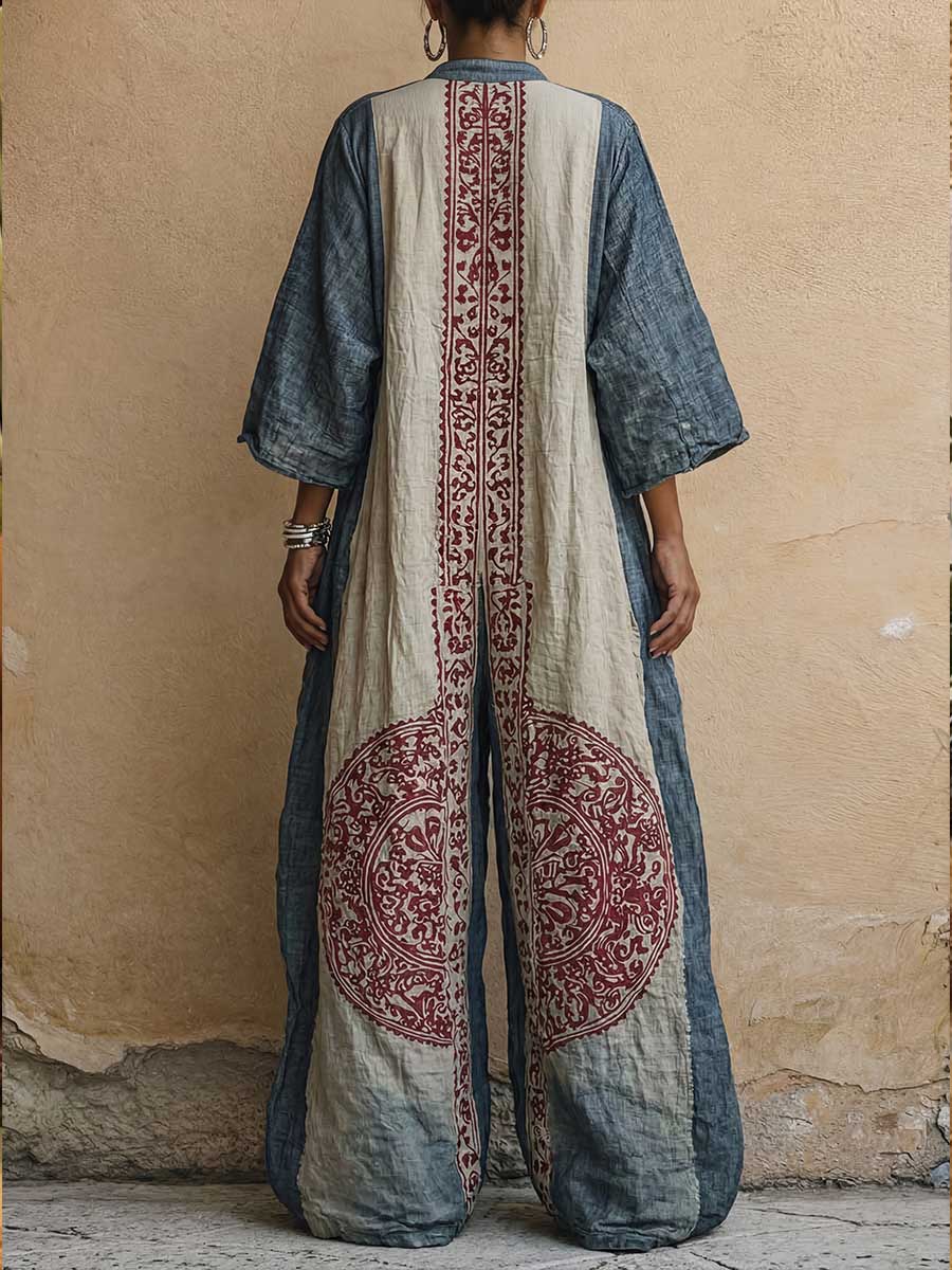 Linen Boho Jumpsuit for Women Wide Leg V-Neck Harem Romper