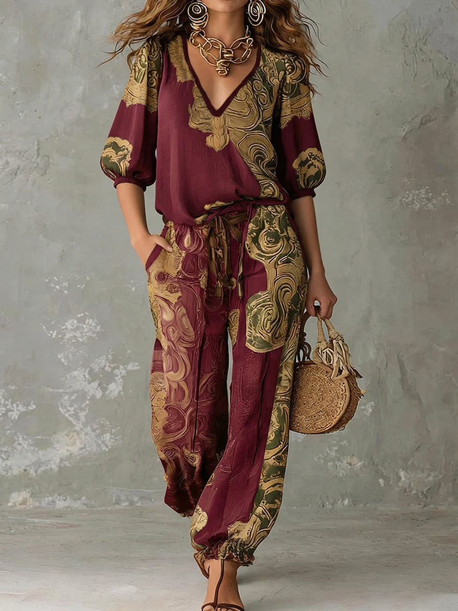 Women's Linen V-Neck Shirt Bohemian Retro Printed Loose Half Sleeve Top and Pants Set