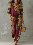 Women's Linen V-Neck Shirt Bohemian Retro Printed Loose Half Sleeve Top and Pants Set