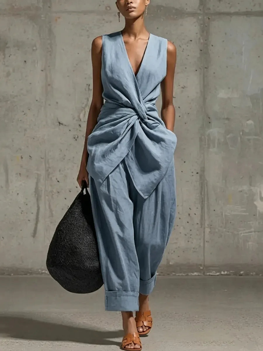 Women's Linen Two Piece Set Sleeveless Waist Tie Wide Leg Trousers