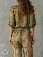 Women's Linen V-Neck Shirt Bohemian Retro Printed Loose Half Sleeve Top and Pants Set