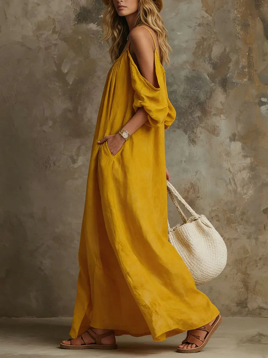 Women's Linen Off-Shoulder Maxi Dress Boho Sundress Flare Sleeve