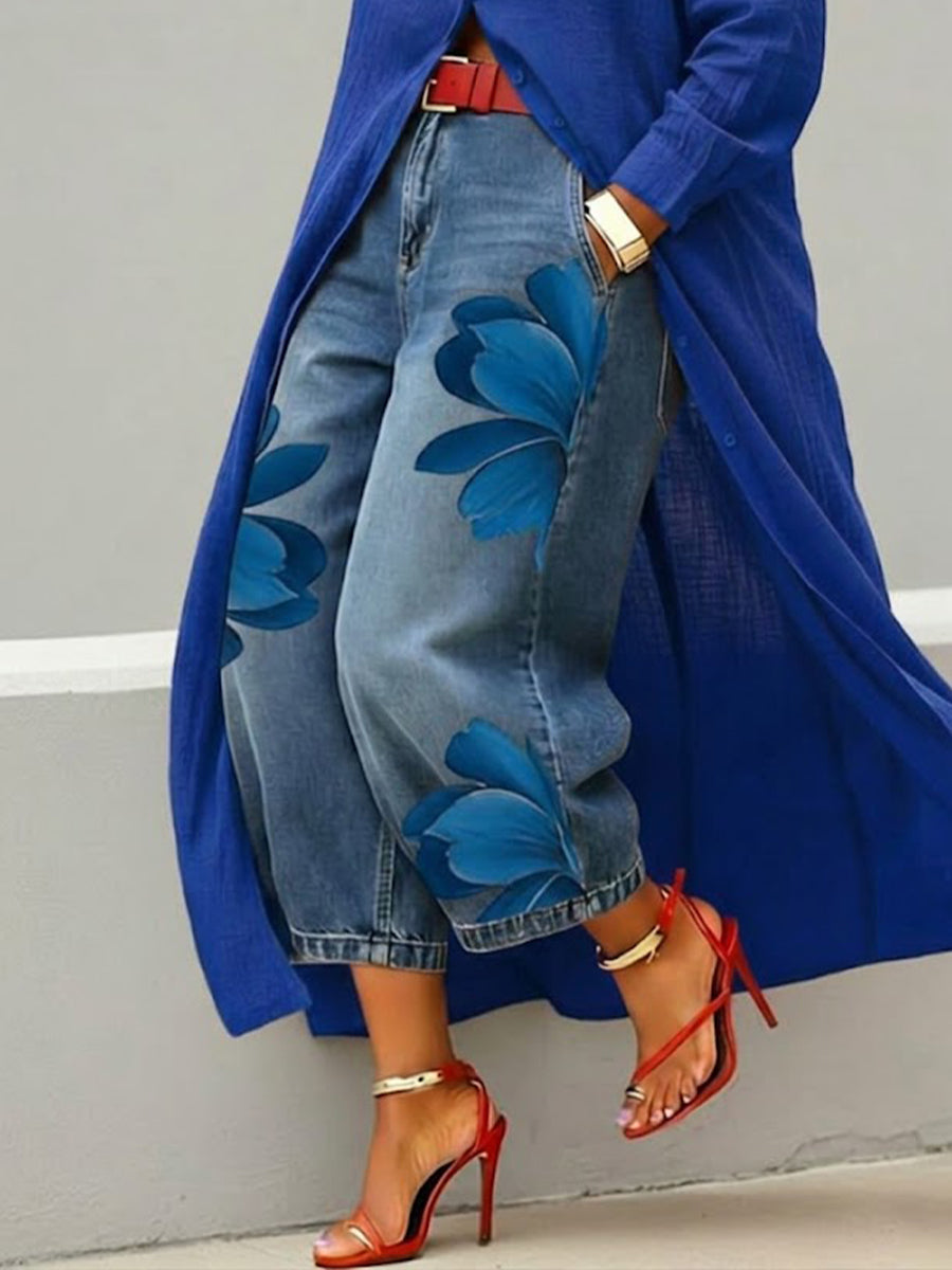 Women's Denim Wide Leg Jeans Floral Print Pants High Waist Denim Trousers