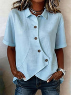 Women's Asymmetrical Short Sleeve Linen Button-Down Shirt