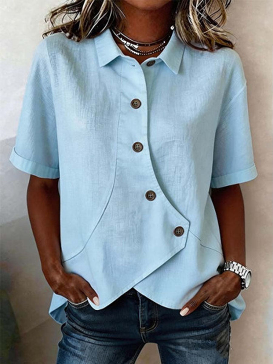 Women's Asymmetrical Short Sleeve Linen Button-Down Shirt