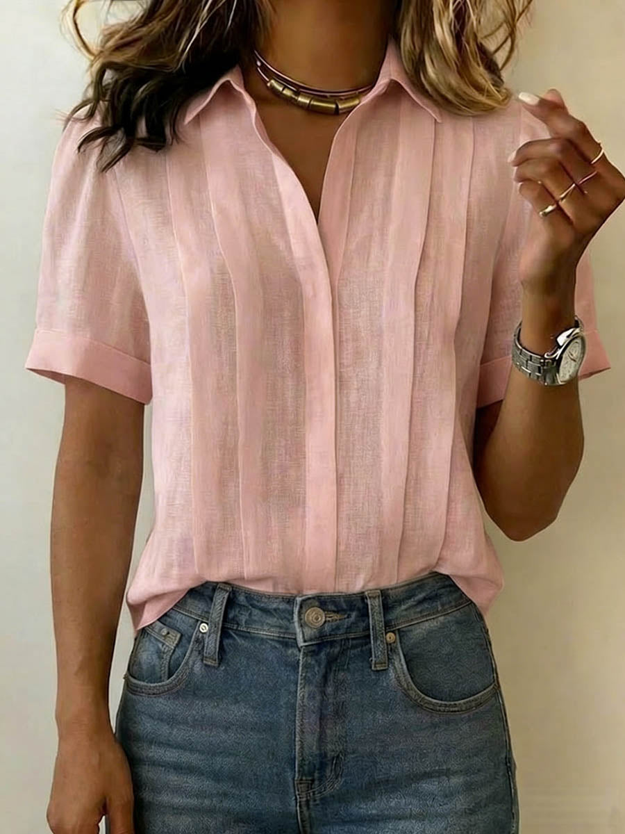 Women's Linen Blouse V Neck Short Sleeve Everyday Shirt