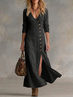 Women's Linen Blend V-Neck Split Hem Maxi Dress