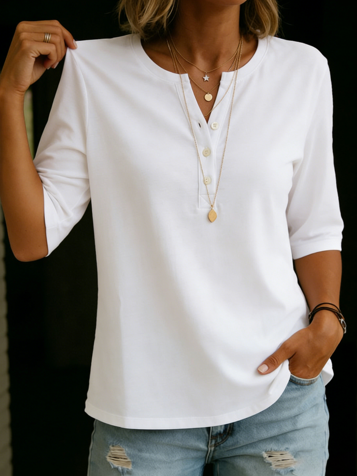 Women's Linen Henley Shirt 3/4 Sleeve Top