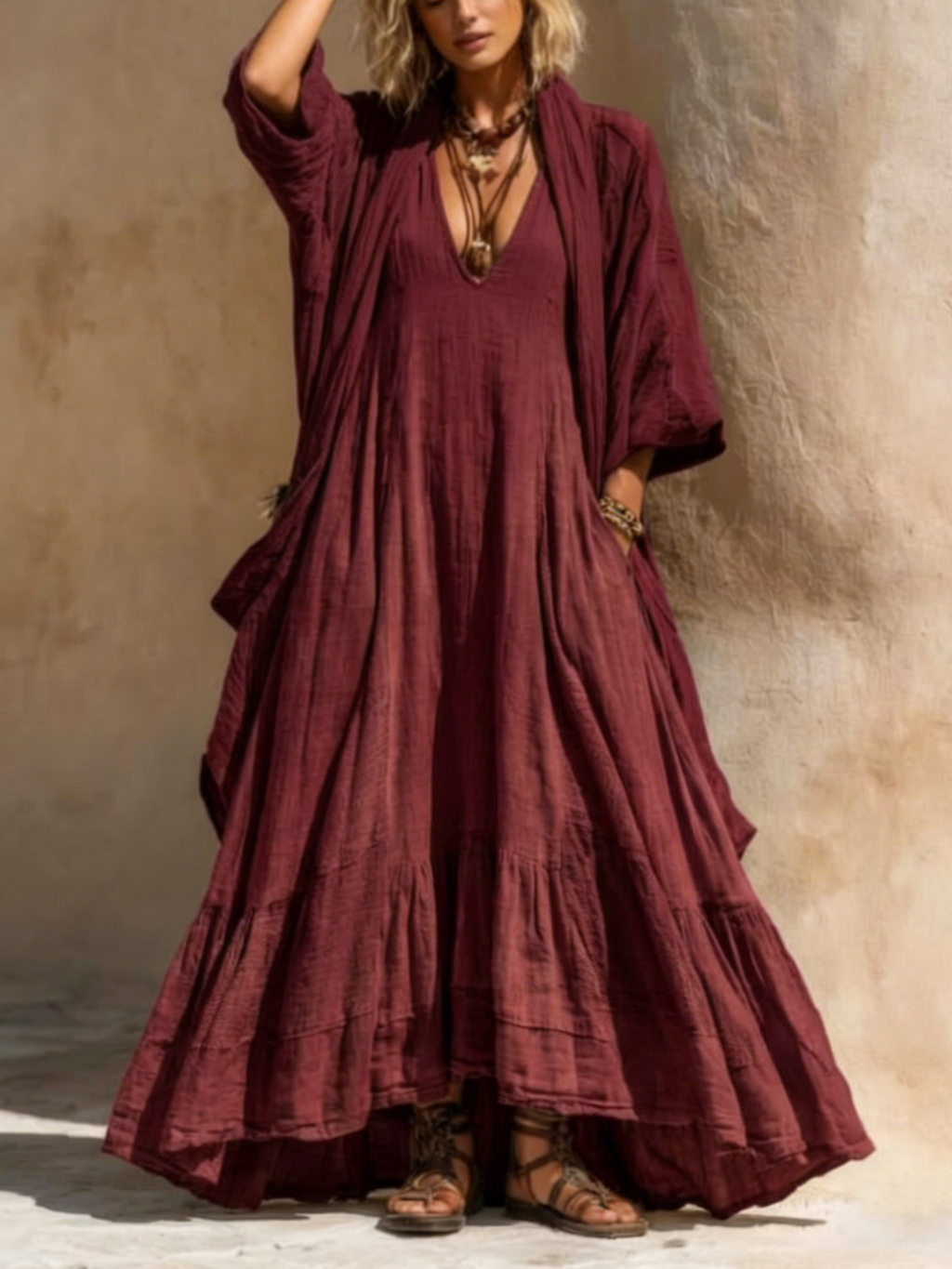 Women's Boho V-Neck Linen Long Sleeve Flowy Maxi Dress