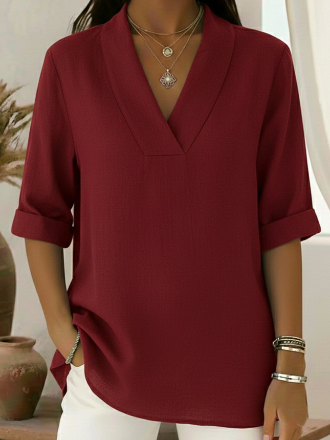 Women's Linen Blouse V Neck Roll Up 3/4 Sleeve Loose Tunic Shirt Top