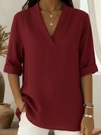 Women's Linen Blouse V Neck Roll Up 3/4 Sleeve Loose Tunic Shirt Top