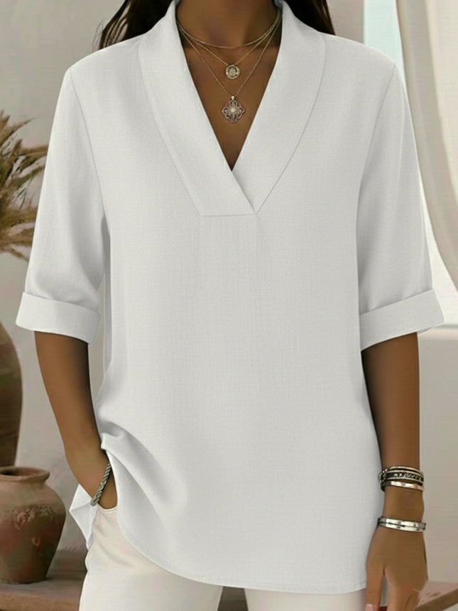 Women's Linen Blouse V Neck Roll Up 3/4 Sleeve Loose Tunic Shirt Top