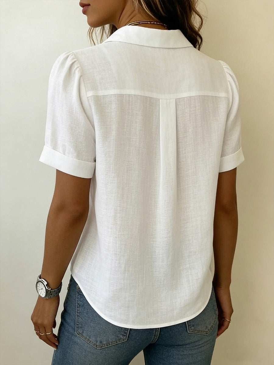 Women's Linen Blouse V Neck Short Sleeve Everyday Shirt