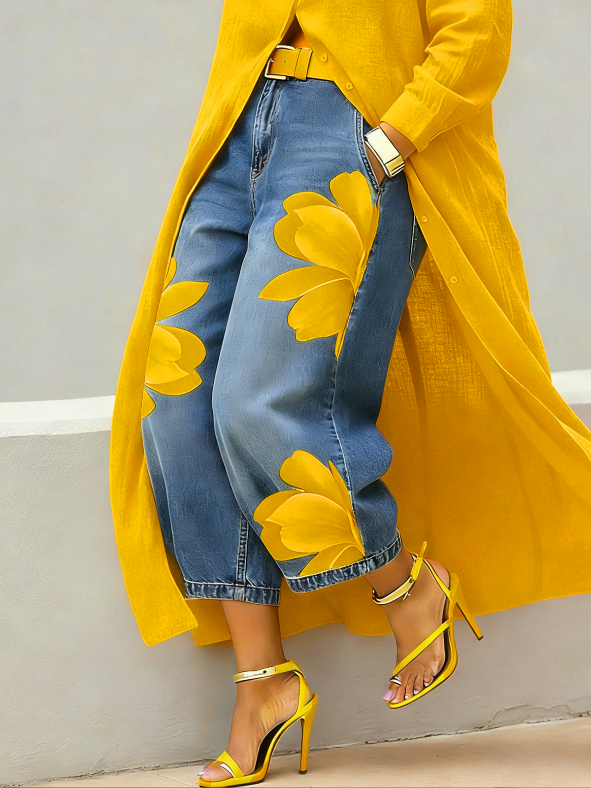 Women's Denim Wide Leg Jeans Floral Print Pants High Waist Denim Trousers