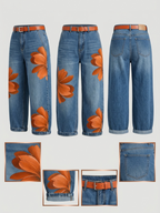 Women's Denim Wide Leg Jeans Floral Print Pants High Waist Denim Trousers