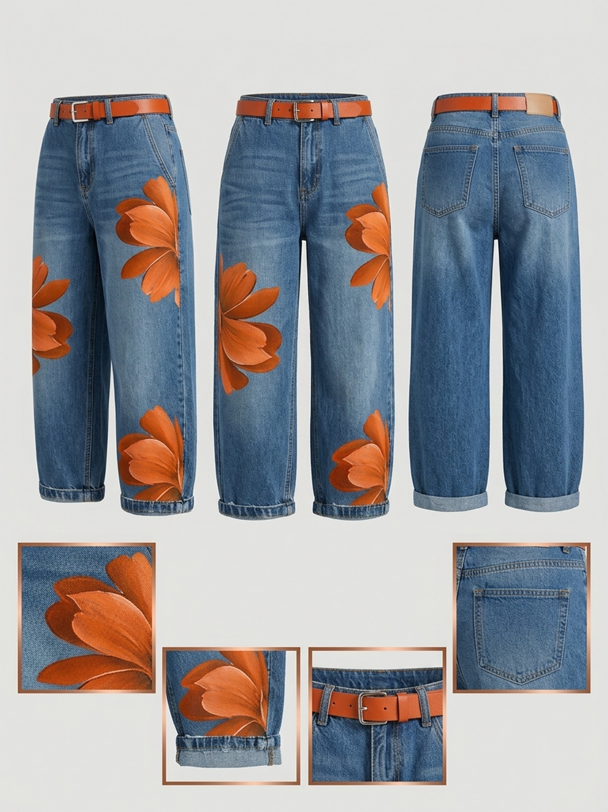 Women's Denim Wide Leg Jeans Floral Print Pants High Waist Denim Trousers