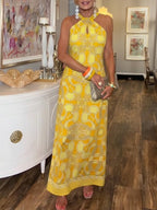 Women's Sleeveless Round-Neck Artistic Print Linen Maxi Dress