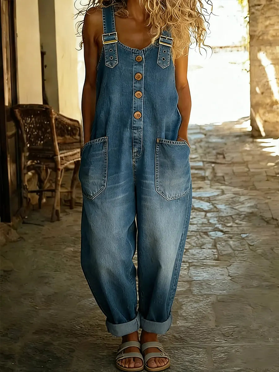 Women's Denim Jumpsuit Sleeveless Wide Leg Baggy Jean Overalls Everyday Romper