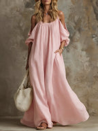 Women's Linen Off-Shoulder Maxi Dress Boho Sundress Flare Sleeve