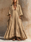 Women's Boho V-Neck Linen Long Sleeve Flowy Maxi Dress