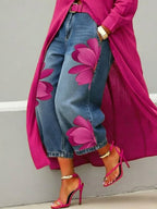 Women's Denim Wide Leg Jeans Floral Print Pants High Waist Denim Trousers