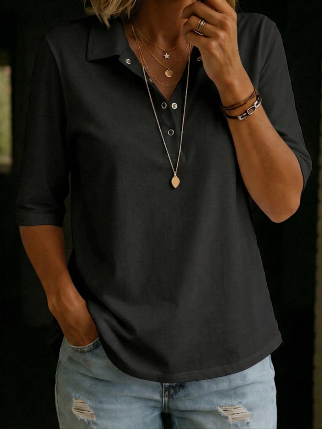 Women's Knit Polo Shirt 3/4 Sleeve V-Neck Button Top