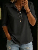 Women's Knit Polo Shirt 3/4 Sleeve V-Neck Button Top
