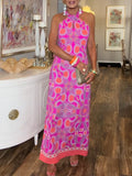 Women's Sleeveless Round-Neck Artistic Print Linen Maxi Dress