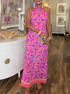 Women's Sleeveless Round-Neck Artistic Print Linen Maxi Dress