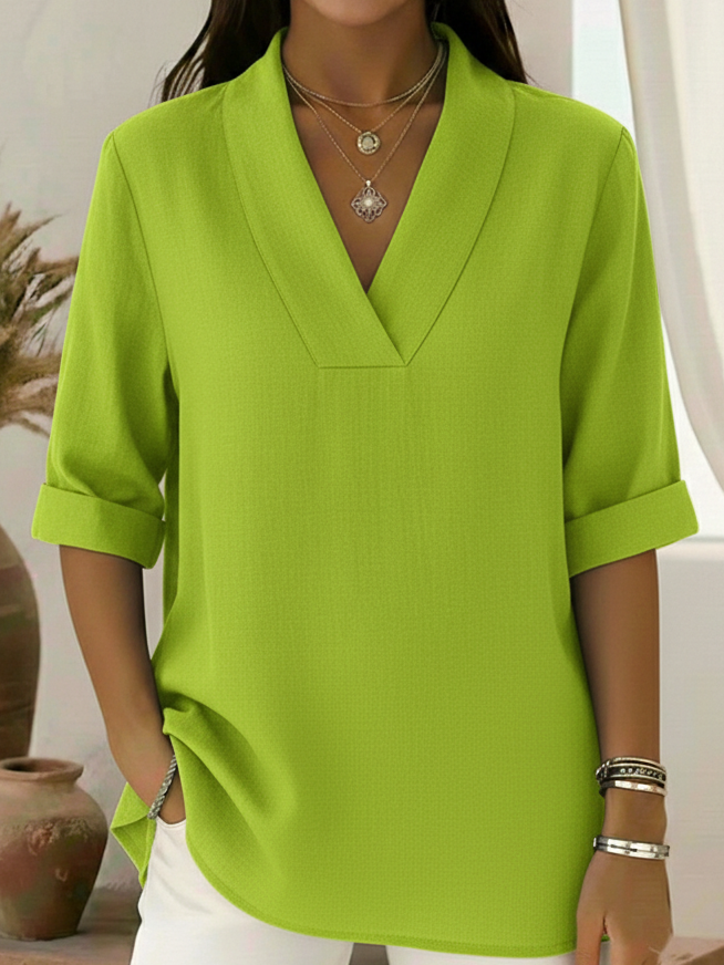 Women's Linen Blouse V Neck Roll Up 3/4 Sleeve Loose Tunic Shirt Top