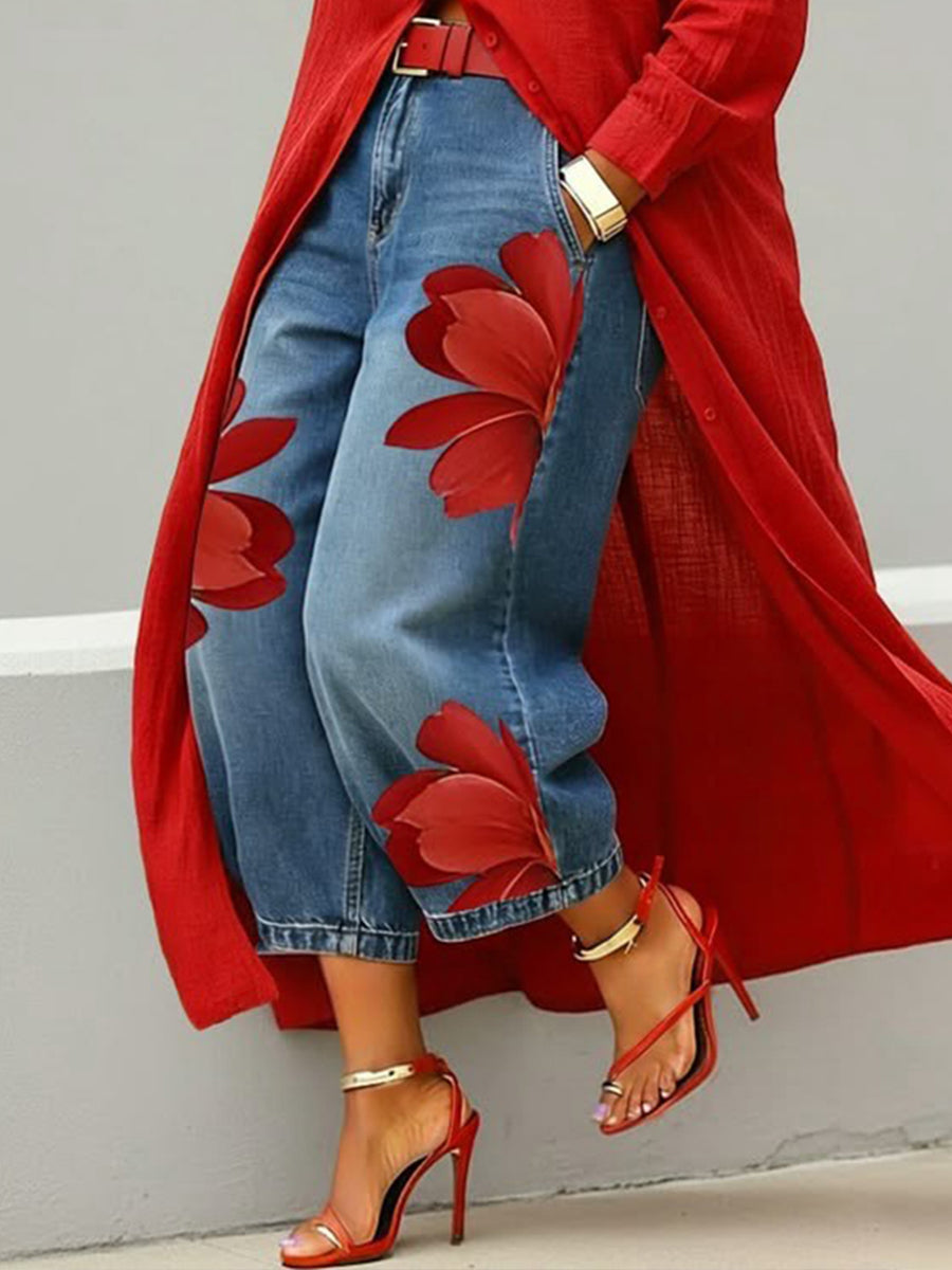 Women's Denim Wide Leg Jeans Floral Print Pants High Waist Denim Trousers