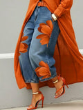 Women's Denim Wide Leg Jeans Floral Print Pants High Waist Denim Trousers