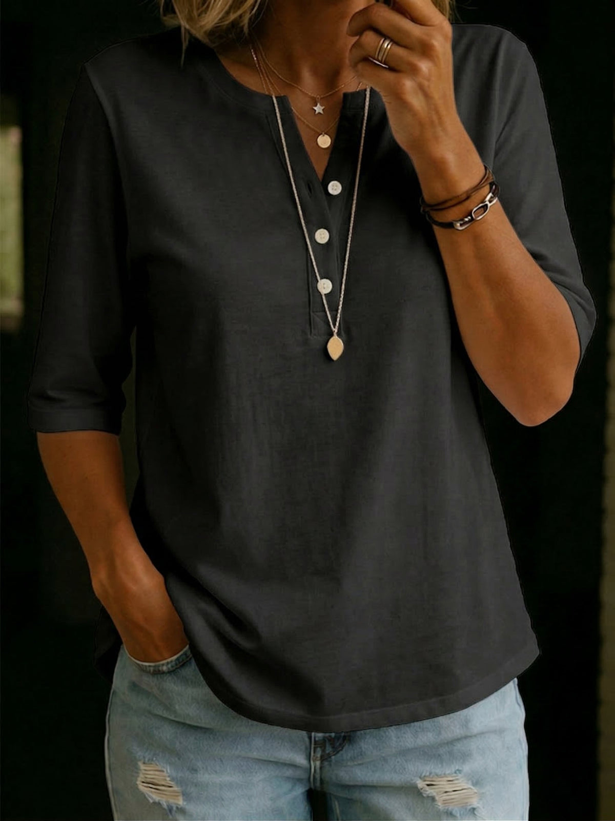 Women's Linen Henley Shirt 3/4 Sleeve Top