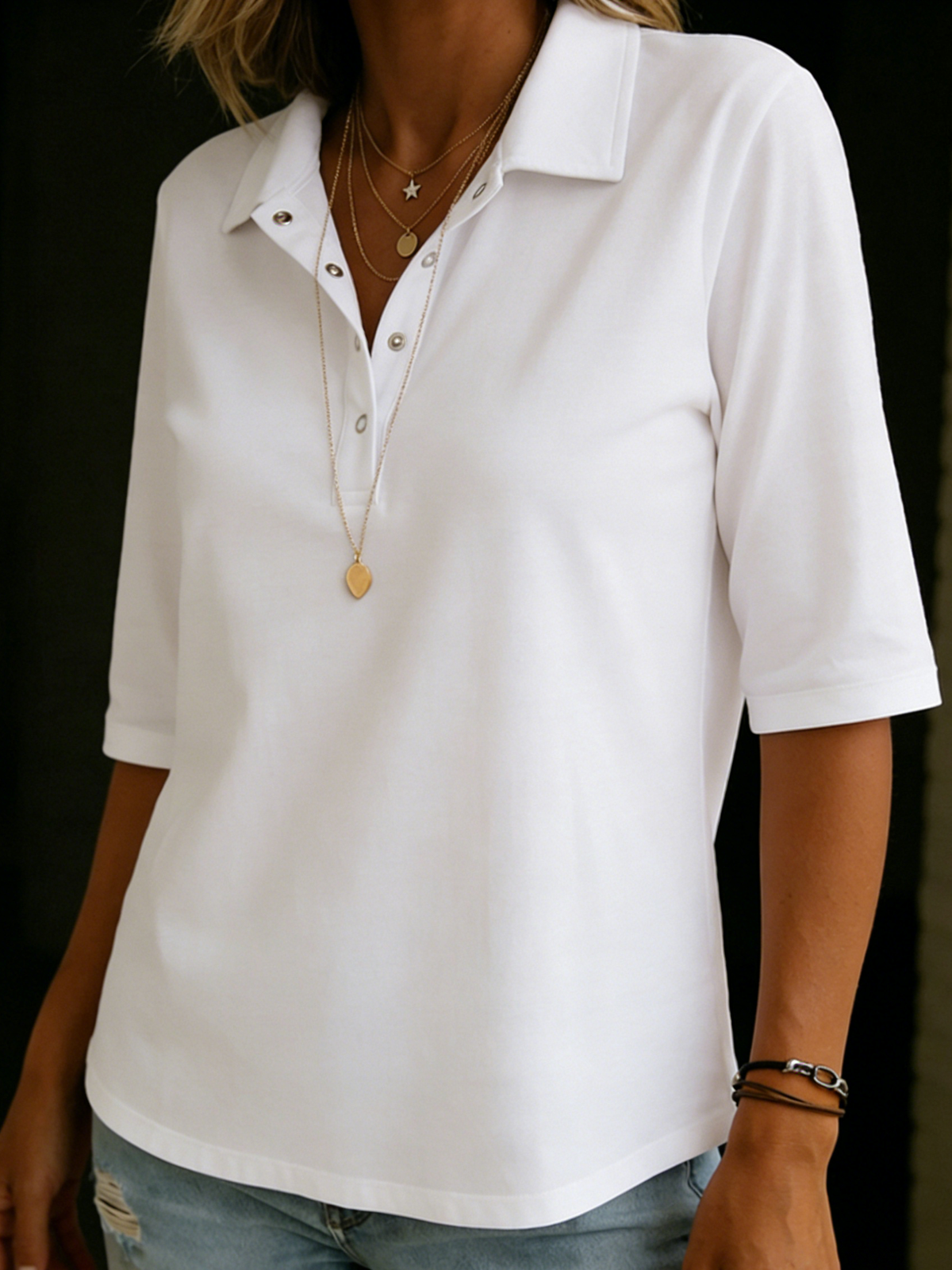 Women's Knit Polo Shirt 3/4 Sleeve V-Neck Button Top